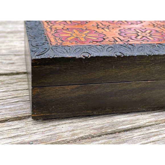 Vintage 1980s Carved Wood Medallions Trinket jewelry box Boho - Picture 6 of 12